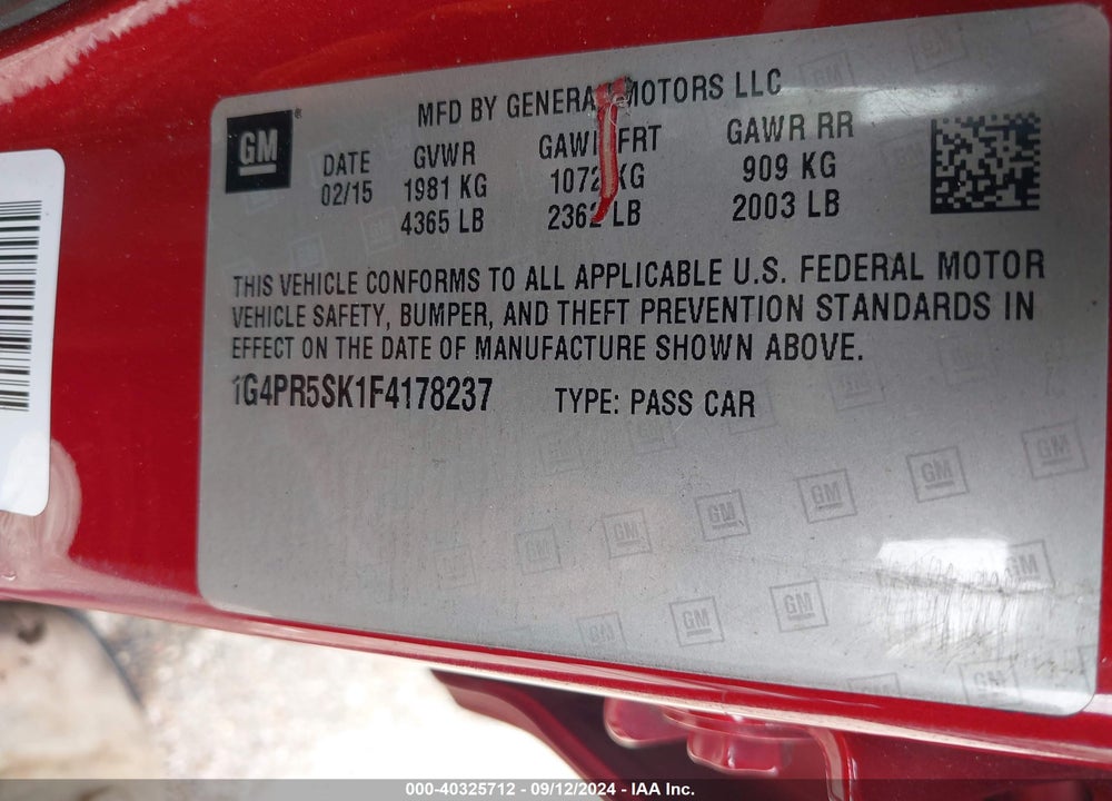 2015 BUICK VERANO CONVENIENCE GROUP VIN: 1G4PR5SK1F4178237