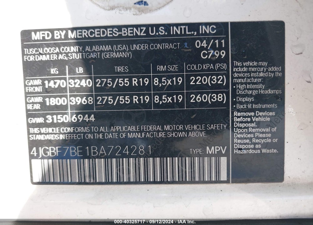 2011 MERCEDES-BENZ GL 450 4MATIC VIN: 4JGBF7BE1BA724281