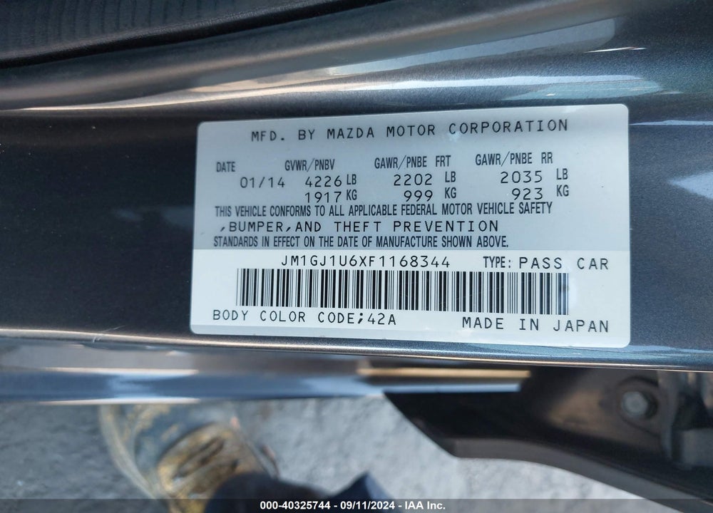 2015 MAZDA MAZDA6 VIN: JM1GJ1U6XF1168344
