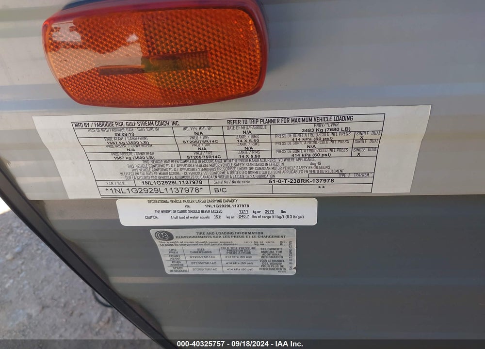 2020 GULF STREAM AMERI-LITE VIN: 1NL1G2929L1137978