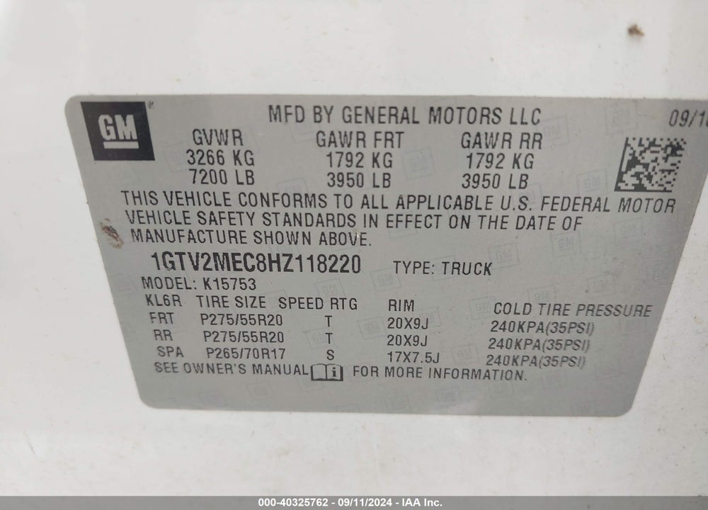2017 GMC SIERRA 1500 SLE VIN: 1GTV2MEC8HZ118220