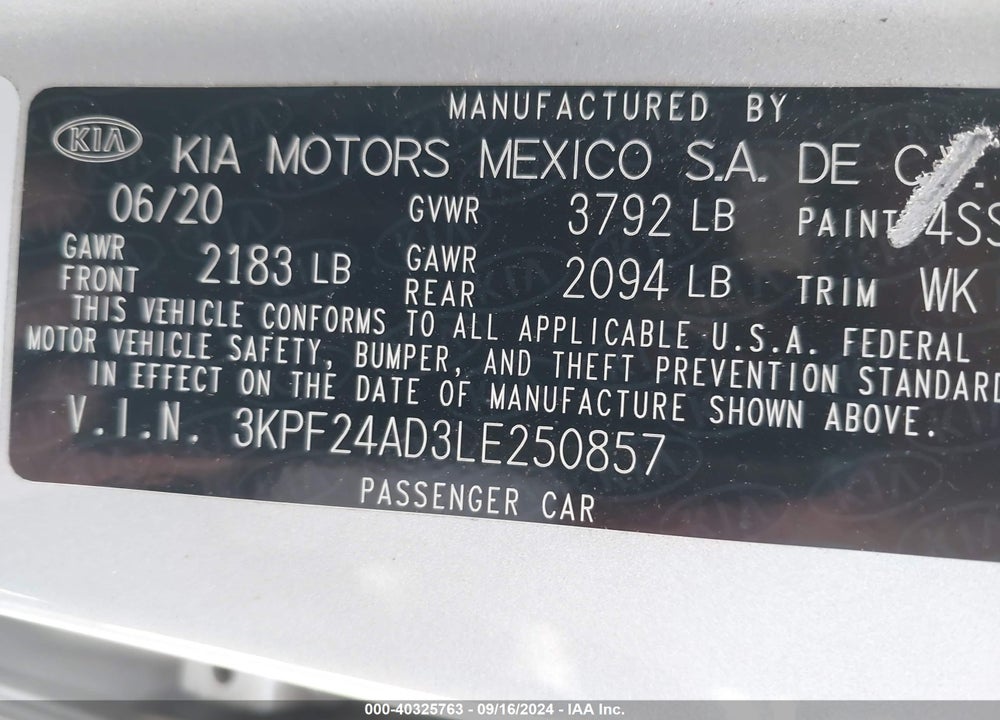 2020 KIA FORTE LXS VIN: 3KPF24AD3LE250857
