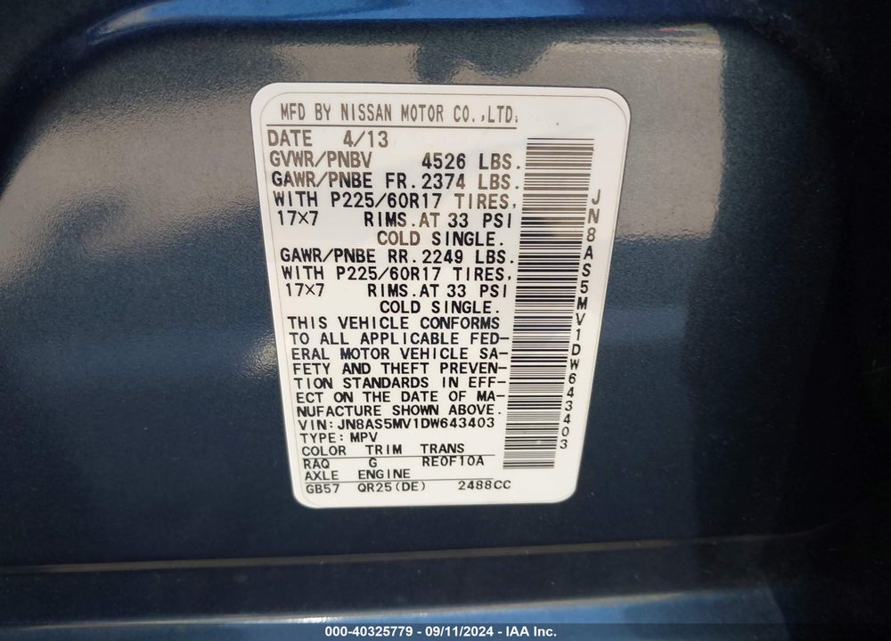 2013 NISSAN ROGUE SV VIN: JN8AS5MV1DW643403