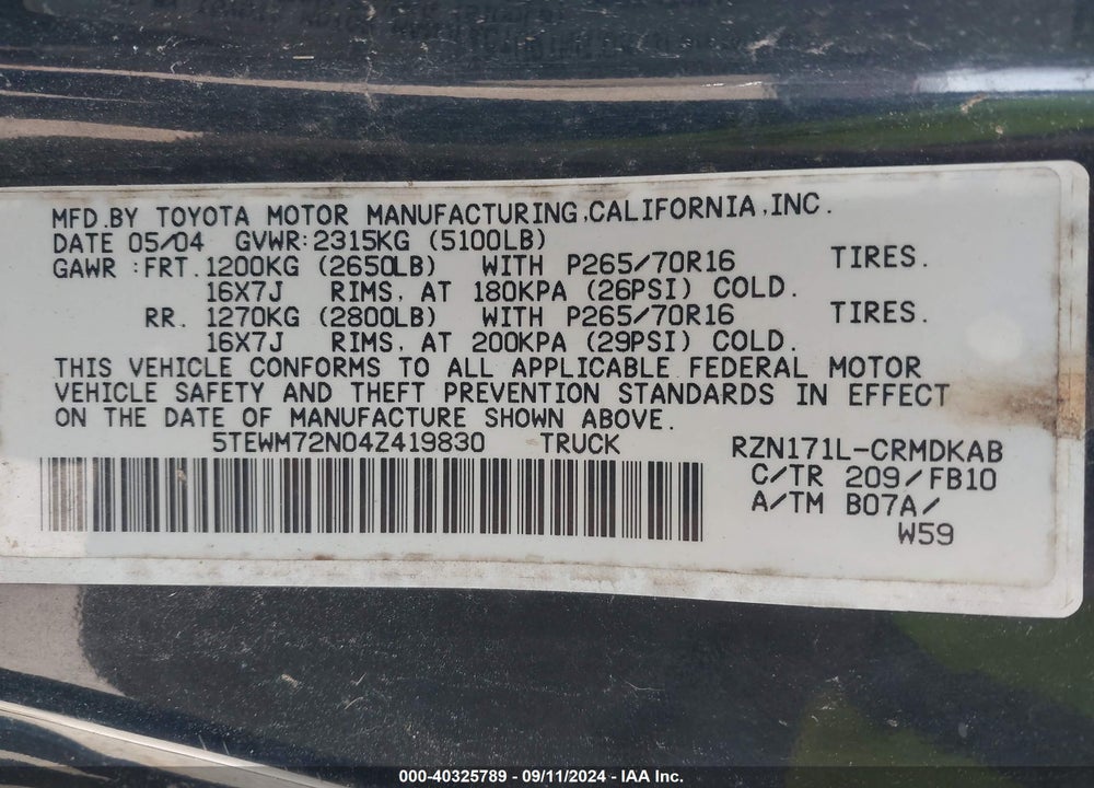 2004 TOYOTA TACOMA VIN: 5TEWM72N04Z419830