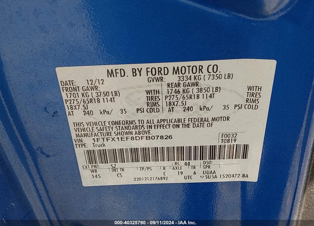 2013 FORD F-150 STX VIN: 1FTFX1EF8DFB07826
