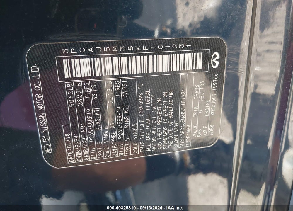 2019 INFINITI QX50 VIN: 3PCAJ5M38KF101231