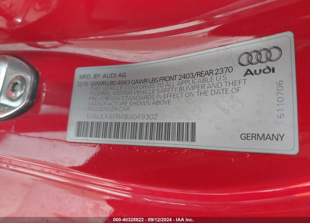2011 AUDI A5 2.0T PREMIUM VIN: WAULFAFR4BA049302