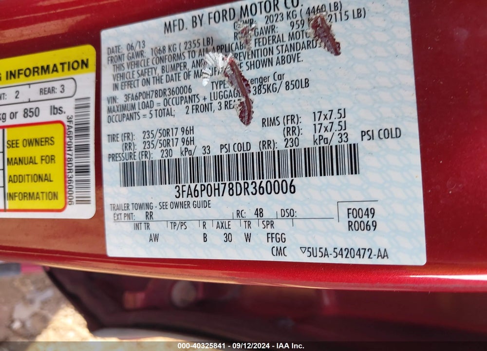 2013 FORD FUSION SE VIN: 3FA6P0H78DR360006