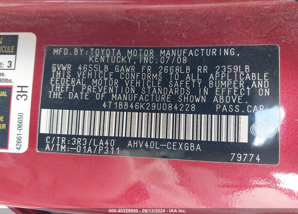 2009 TOYOTA CAMRY HYBRID VIN: 4T1BB46K29U084228