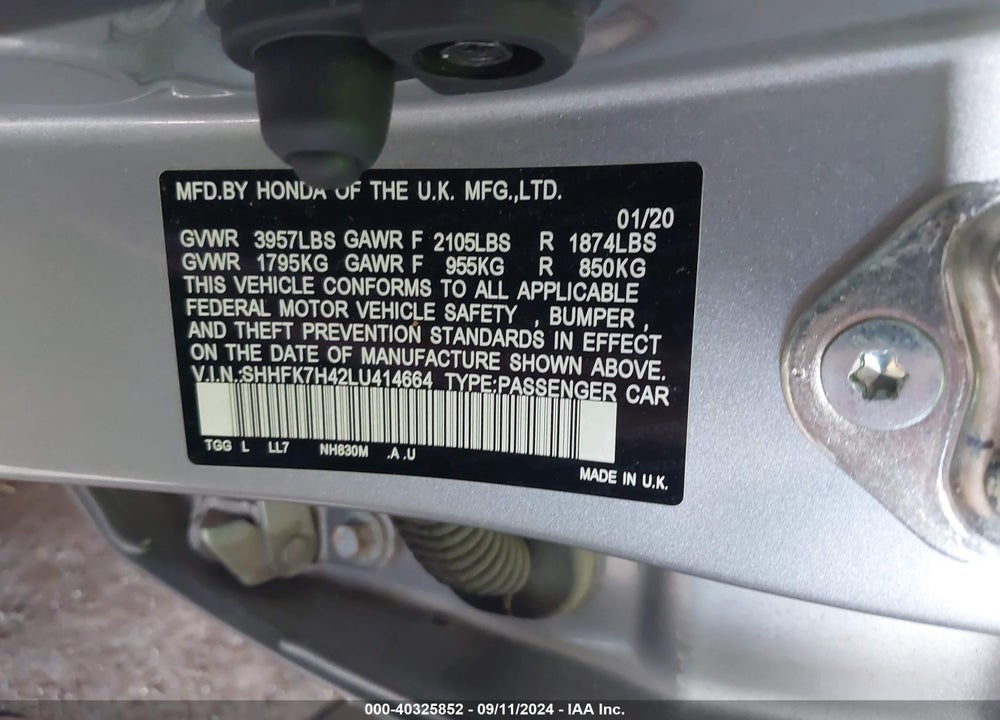 2020 HONDA CIVIC SPORT VIN: SHHFK7H42LU414664