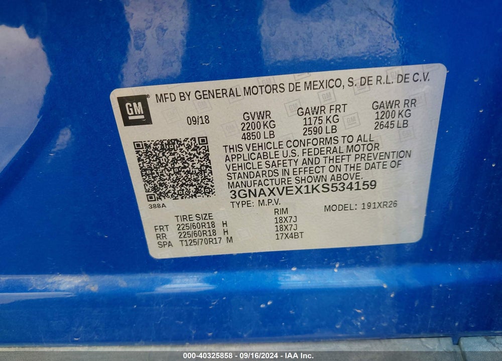 2019 CHEVROLET EQUINOX LT VIN: 3GNAXVEX1KS534159