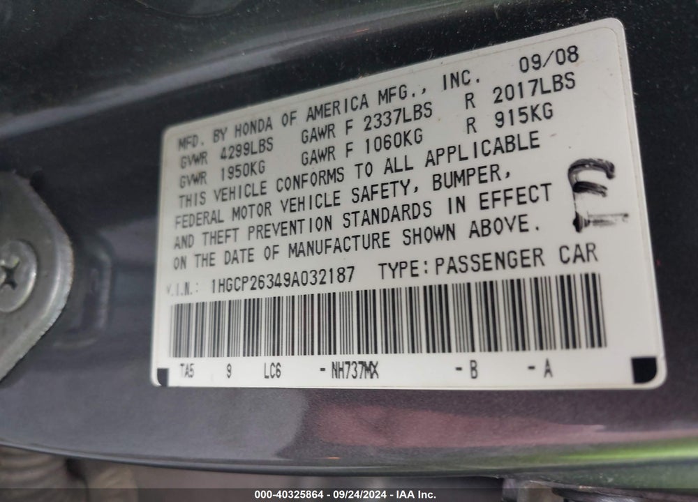 2009 HONDA ACCORD 2.4 LX VIN: 1HGCP26349A032187