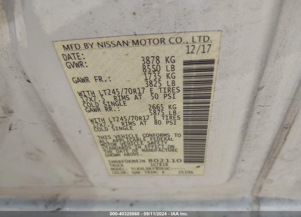 2018 NISSAN NV CARGO NV1500 SV V6 VIN: 1N6BF0KM4JN802110