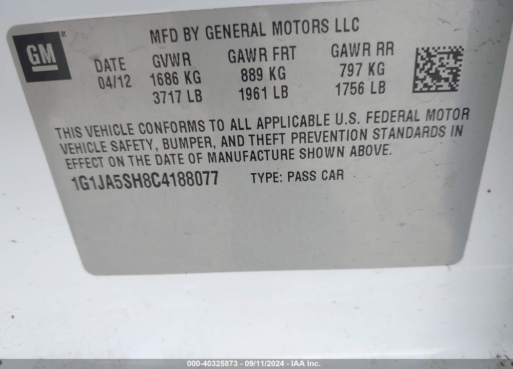 2012 CHEVROLET SONIC 2LS VIN: 1G1JA5SH8C4188077