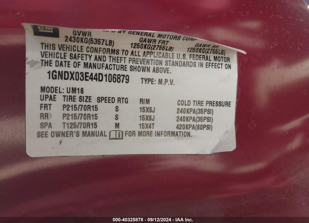 2004 CHEVROLET VENTURE LS VIN: 1GNDX03E44D106879