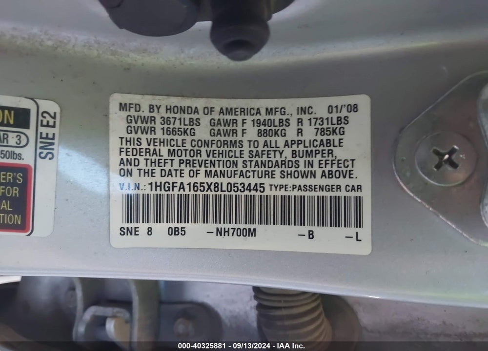 2008 HONDA CIVIC LX VIN: 1HGFA165X8L053445