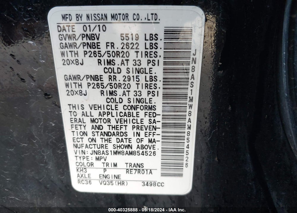 2010 INFINITI FX35 VIN: JN8AS1MW8AM854526