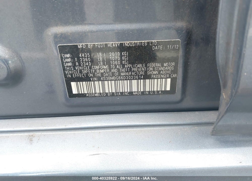 2013 SUBARU LEGACY 2.5I PREMIUM VIN: 4S3BMBG66D3023614