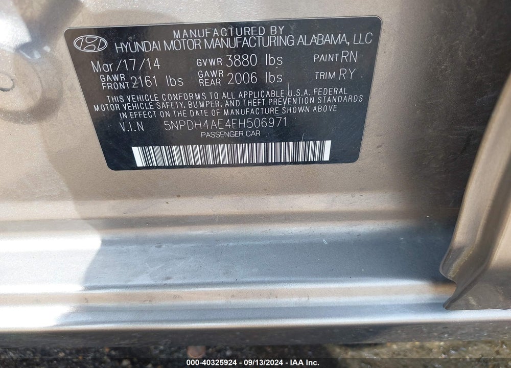 2014 HYUNDAI ELANTRA LIMITED VIN: 5NPDH4AE4EH506971