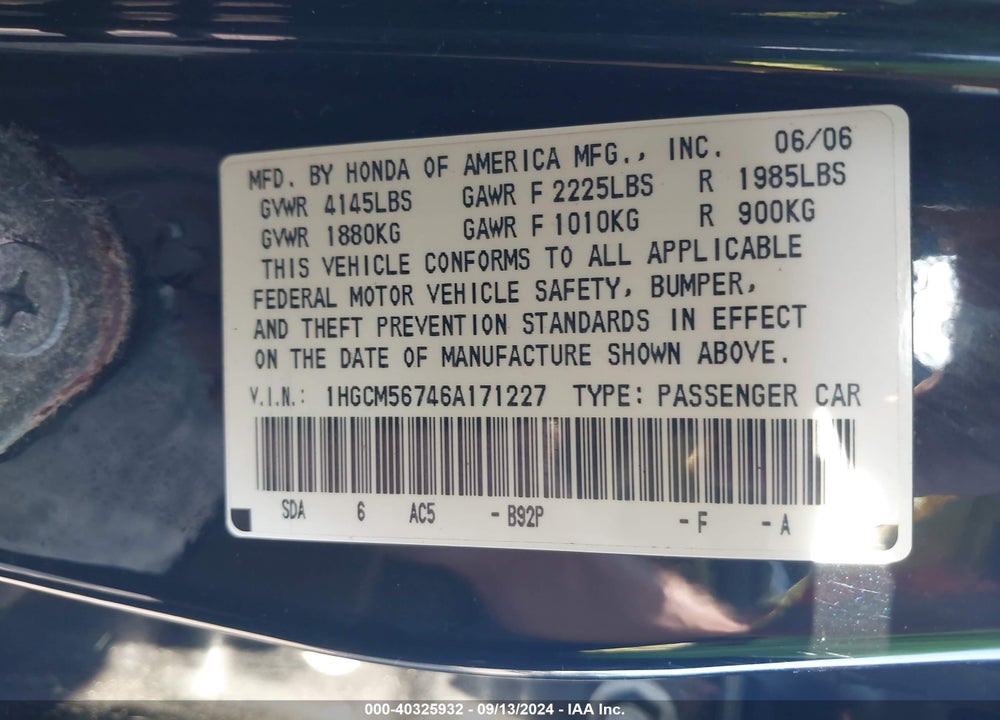 2006 HONDA ACCORD 2.4 EX VIN: 1HGCM56746A171227