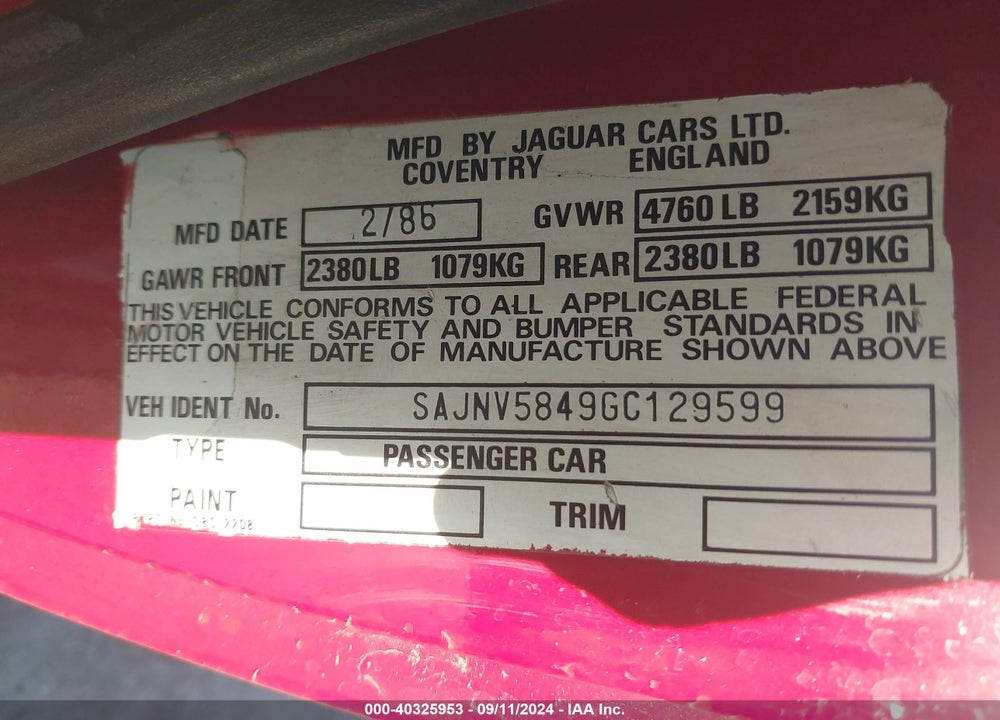 1986 JAGUAR XJS VIN: SAJNV5849GC129599