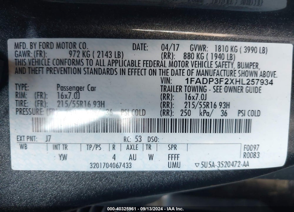 2017 FORD FOCUS SE VIN: 1FADP3F2XHL257934