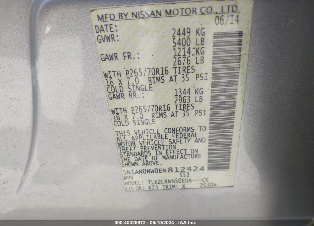 2014 NISSAN XTERRA S VIN: 5N1AN0NW0EN812424