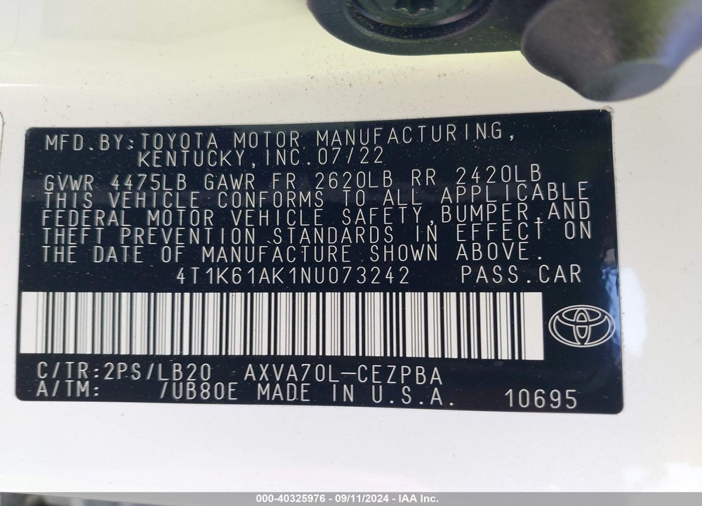 2022 TOYOTA CAMRY XSE VIN: 4T1K61AK1NU073242