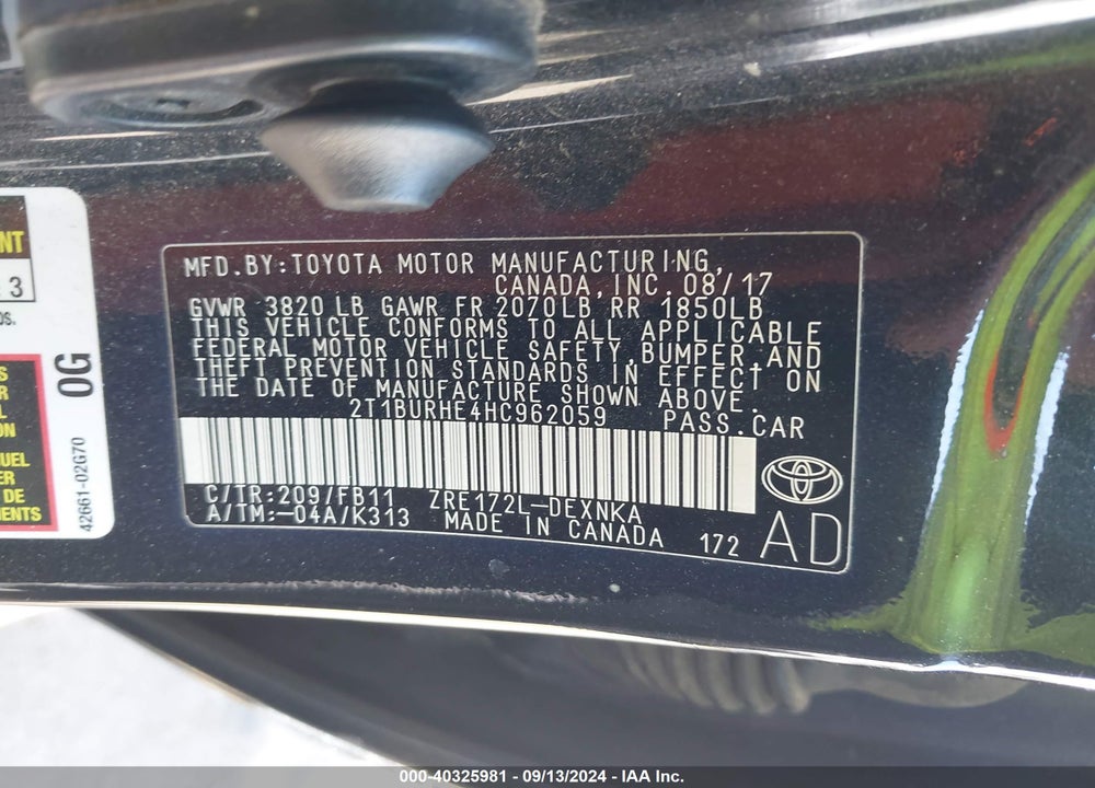 2017 TOYOTA COROLLA LE VIN: 2T1BURHE4HC962059