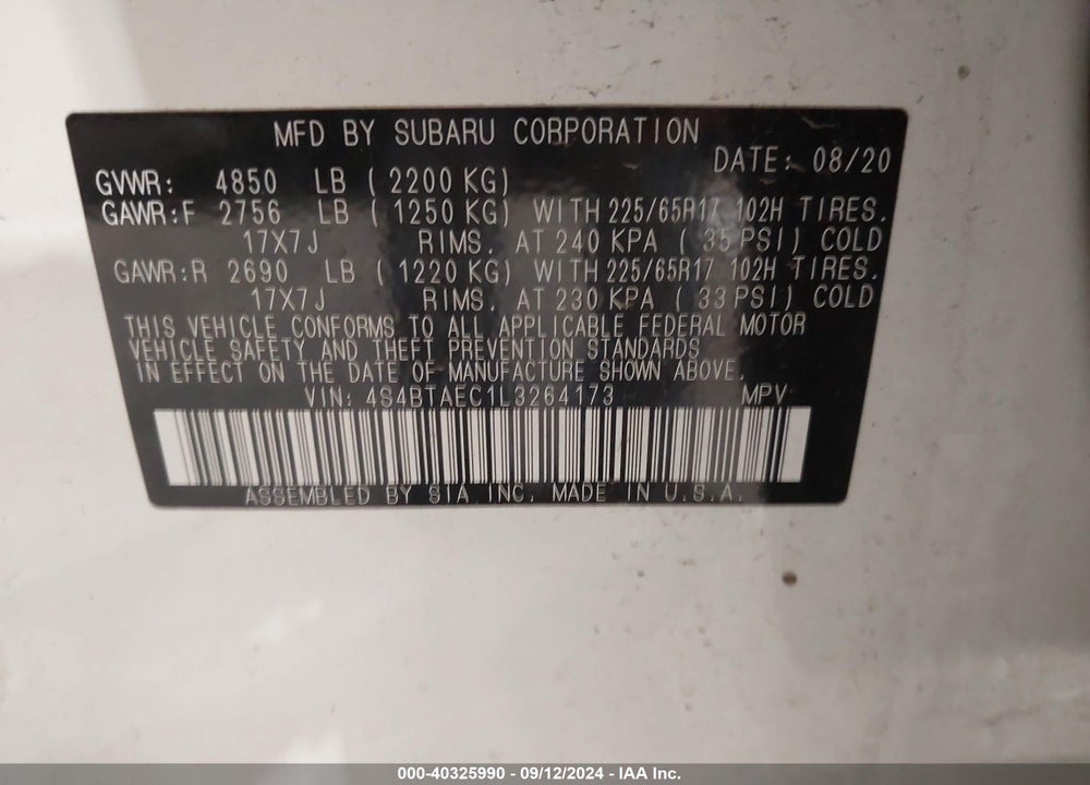 2020 SUBARU OUTBACK PREMIUM VIN: 4S4BTAEC1L3264173