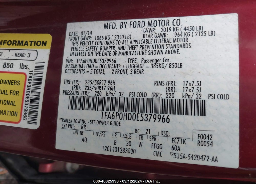 2014 FORD FUSION SE VIN: 1FA6P0HD0E5379966