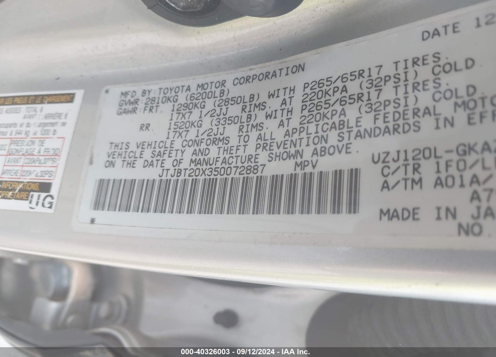 2005 LEXUS GX 470 VIN: JTJBT20X350072887
