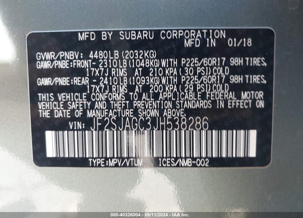 2018 SUBARU FORESTER 2.5I PREMIUM VIN: JF2SJAGC3JH538286