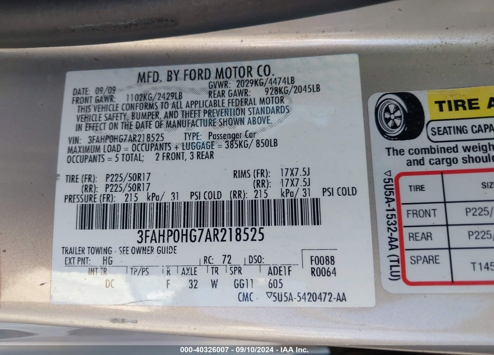 2010 FORD FUSION SE VIN: 3FAHP0HG7AR218525