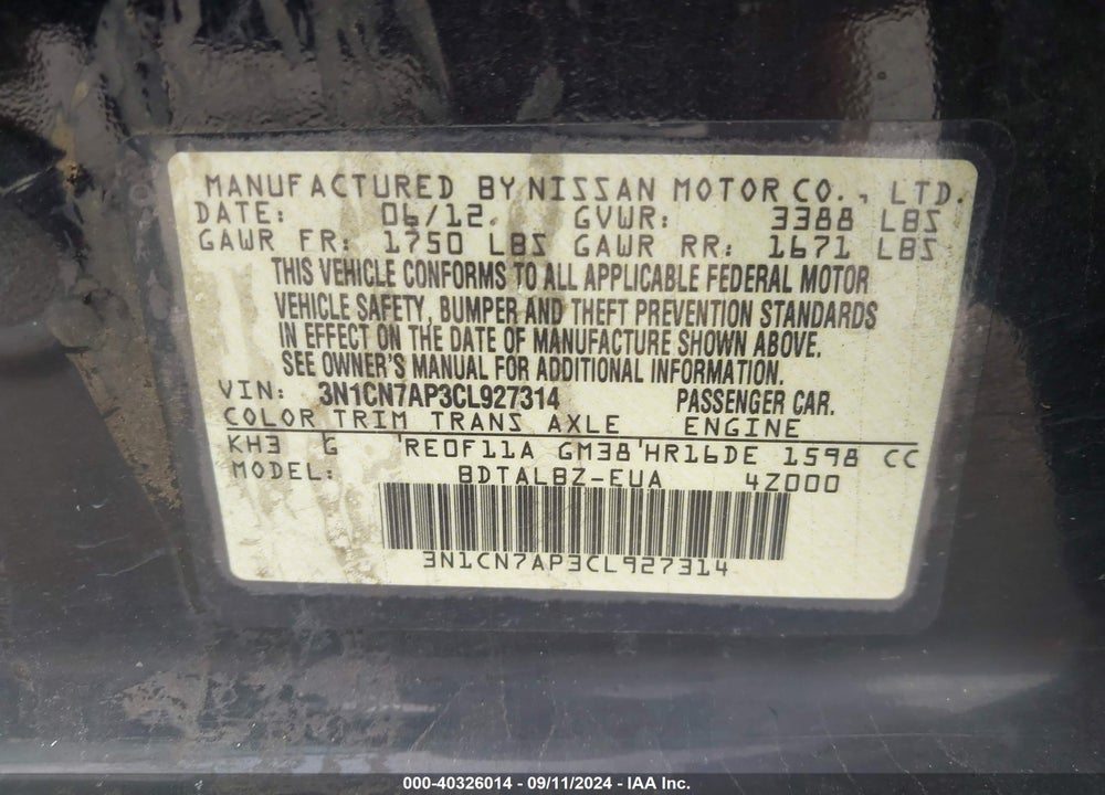 2012 NISSAN VERSA 1.6 SV VIN: 3N1CN7AP3CL927314