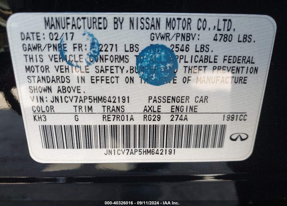 2017 INFINITI Q50 2.0T BASE VIN: JN1CV7AP5HM642191