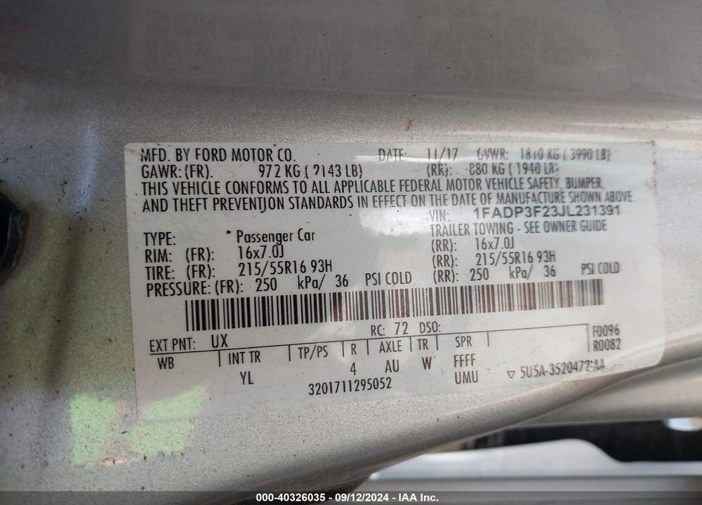 2018 FORD FOCUS SE VIN: 1FADP3F23JL231391