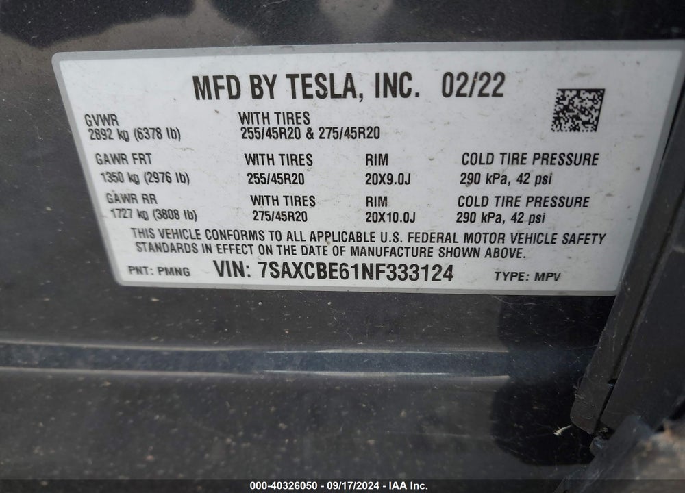 2022 TESLA MODEL X PLAID TRI MOTOR ALL-WHEEL DRIVE VIN: 7SAXCBE61NF333124