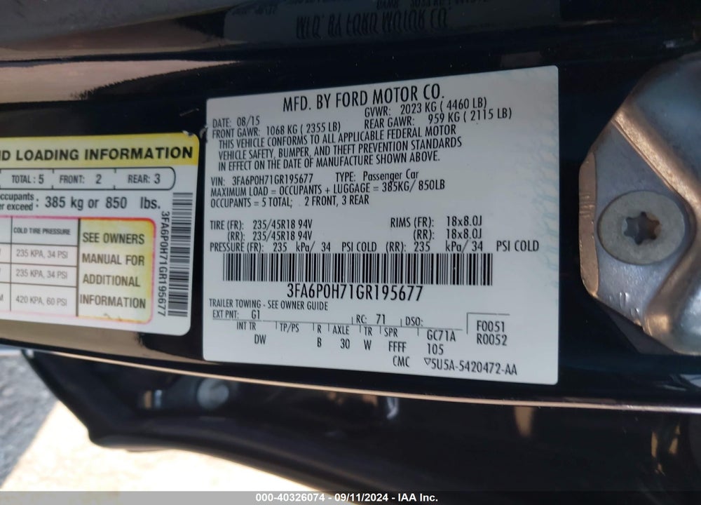 2016 FORD FUSION SE VIN: 3FA6P0H71GR195677