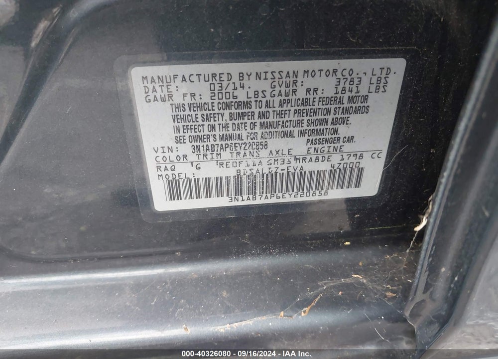 2014 NISSAN SENTRA SV VIN: 3N1AB7AP6EY220858