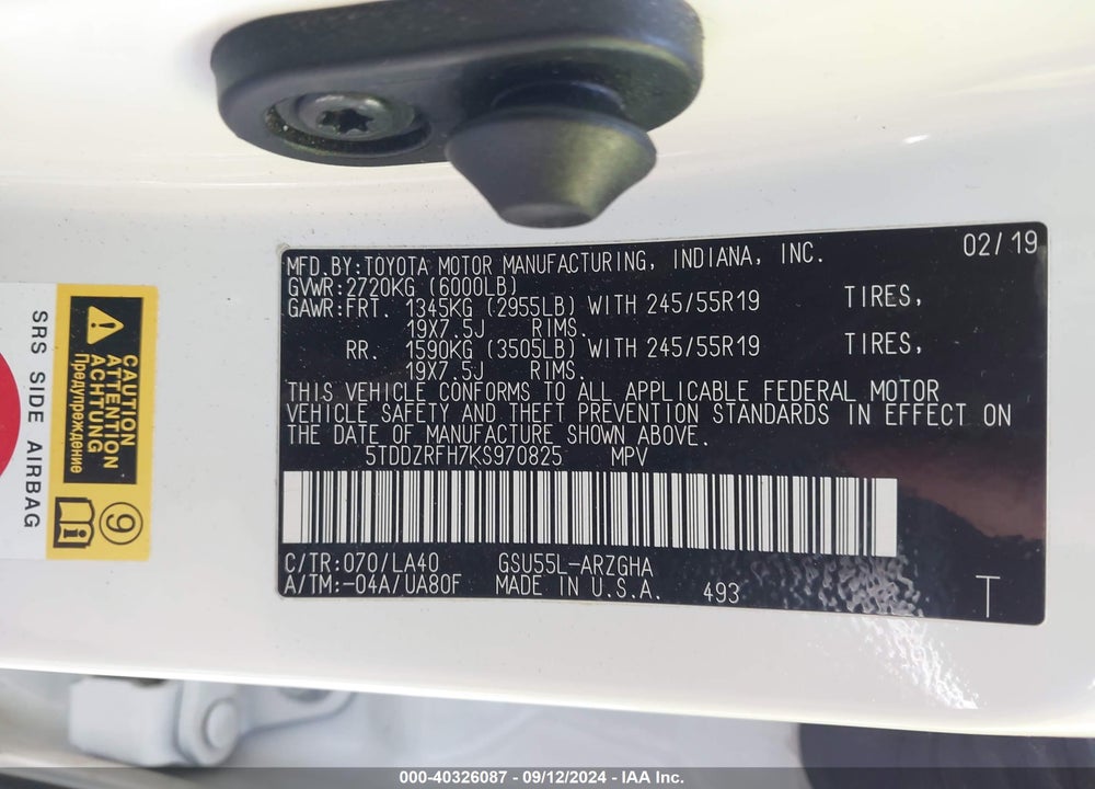 2019 TOYOTA HIGHLANDER LIMITED VIN: 5TDDZRFH7KS970825