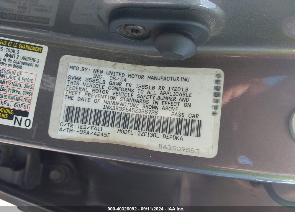 2005 TOYOTA COROLLA CE VIN: 1NXBR32E45Z366726