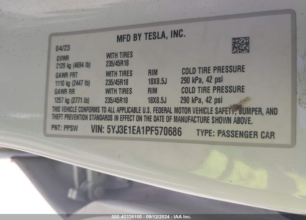 2023 TESLA MODEL 3 REAR-WHEEL DRIVE VIN: 5YJ3E1EA1PF570686