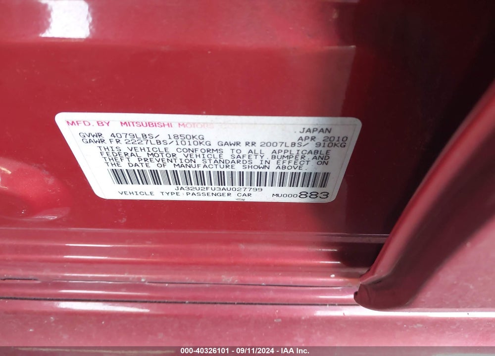 2010 MITSUBISHI LANCER ES VIN: JA32U2FU3AU027799
