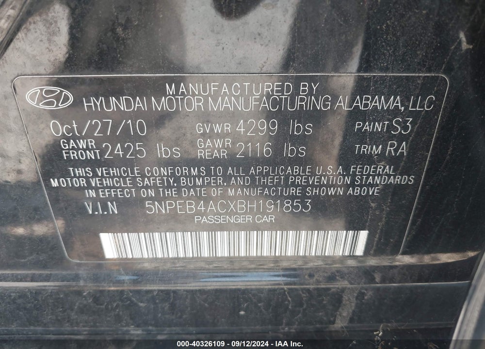2011 HYUNDAI SONATA GLS VIN: 5NPEB4ACXBH191853