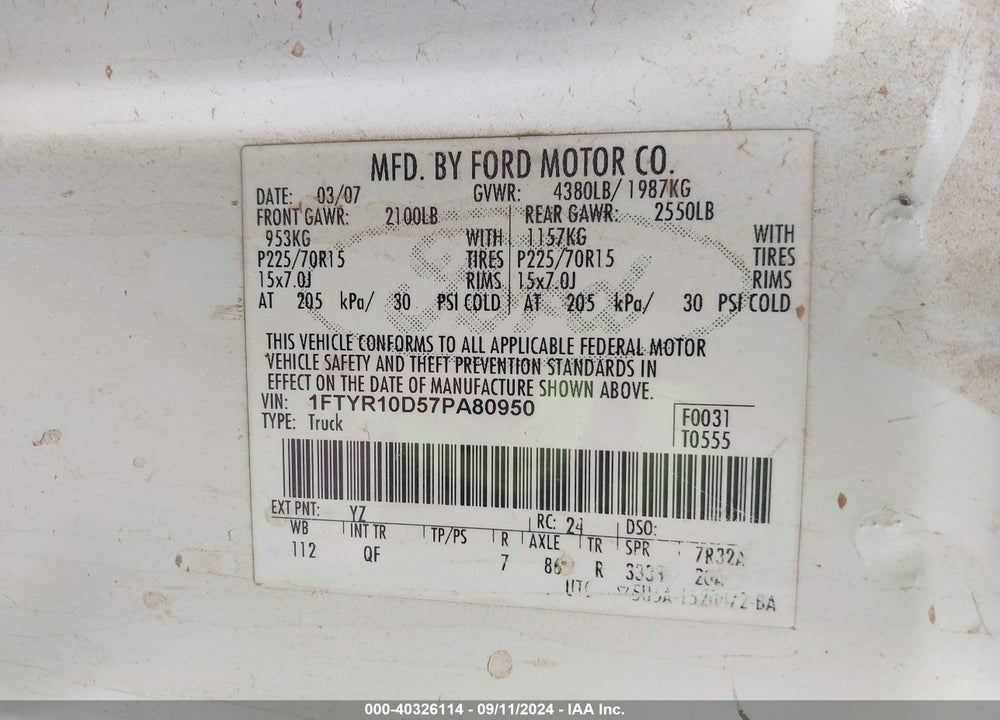 2007 FORD RANGER STX/XL/XLT VIN: 1FTYR10D57PA80950