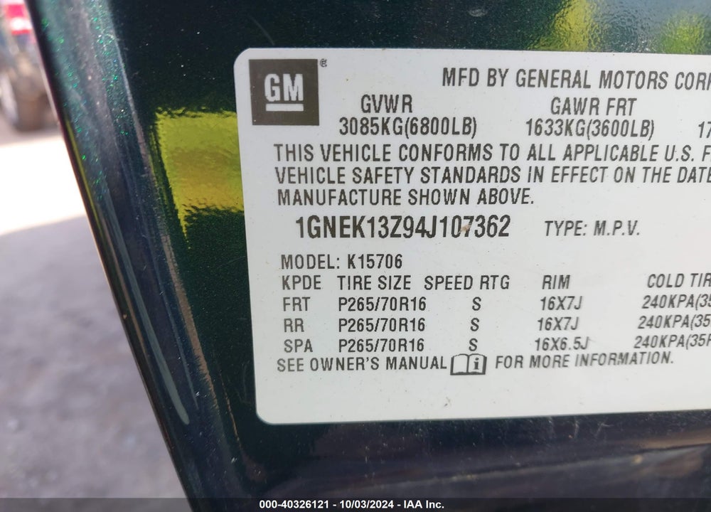 2004 CHEVROLET TAHOE LS VIN: 1GNEK13Z94J107362