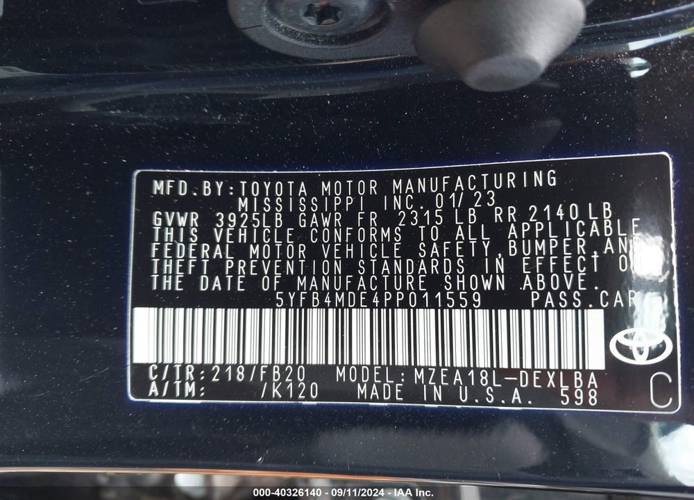 2023 TOYOTA COROLLA VIN: 5YFB4MDE4PP011559