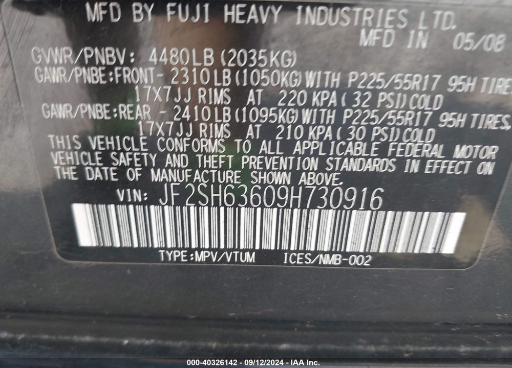 2009 SUBARU FORESTER 2.5X VIN: JF2SH63609H730916