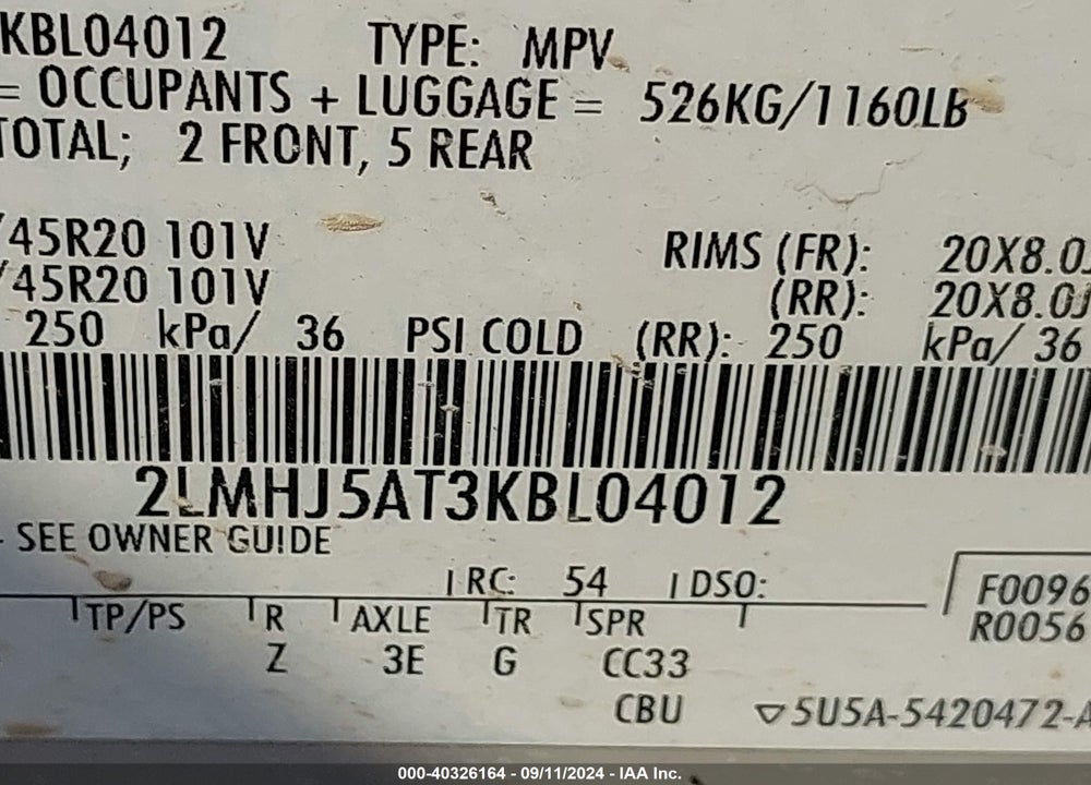 2019 LINCOLN MKT RESERVE VIN: 2LMHJ5AT3KBL04012